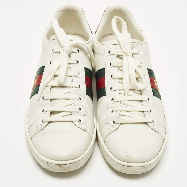 Pre Owned Gucci Ace Size 37.5 White Python Embossed and Leather Web Low Top Sneakers