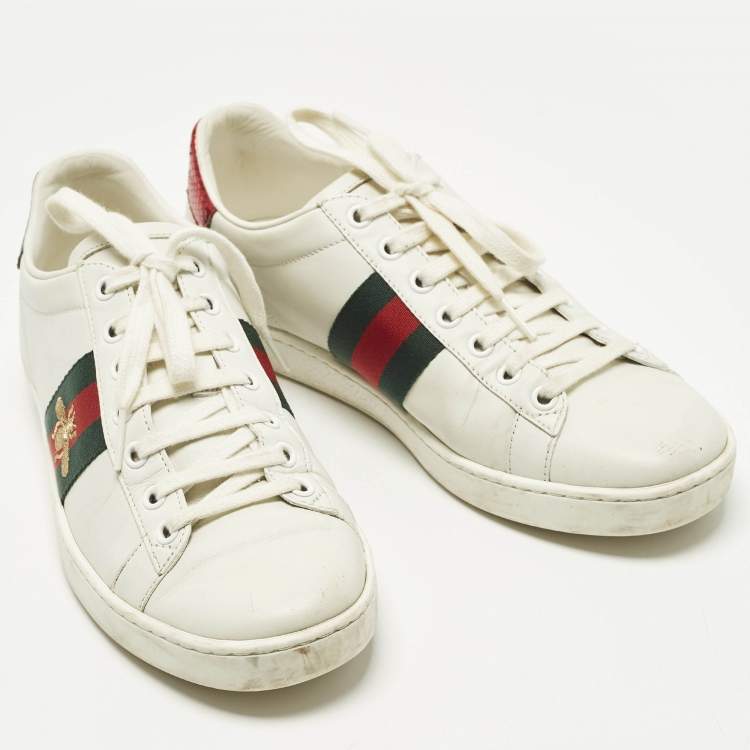 Pre Owned Gucci Ace Size 37.5 White Python Embossed and Leather Web Low Top Sneakers