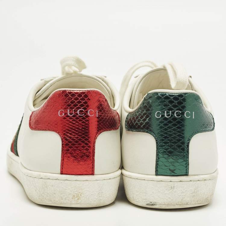 Pre Owned Gucci Ace Size 37.5 White Python Embossed and Leather Web Low Top Sneakers
