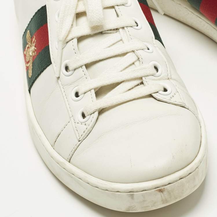 Pre Owned Gucci Ace Size 37.5 White Python Embossed and Leather Web Low Top Sneakers