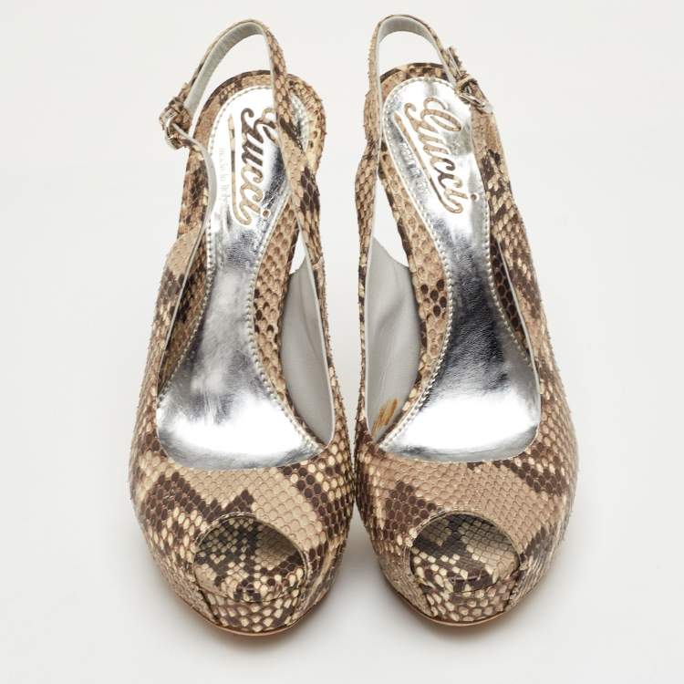 Pre Owned Gucci Sofia Size 36 Grey/Brown Python Leather Peep Toe Platform Slingback Sandals