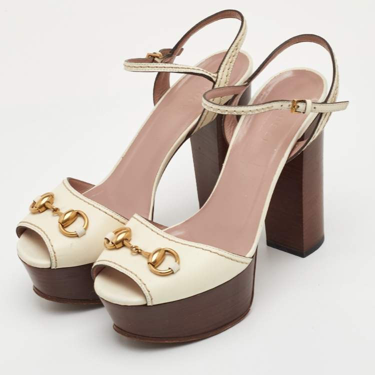 Pre Owned Gucci Horsebit Size 36 White Leather Ankle Strap Platform Sandals