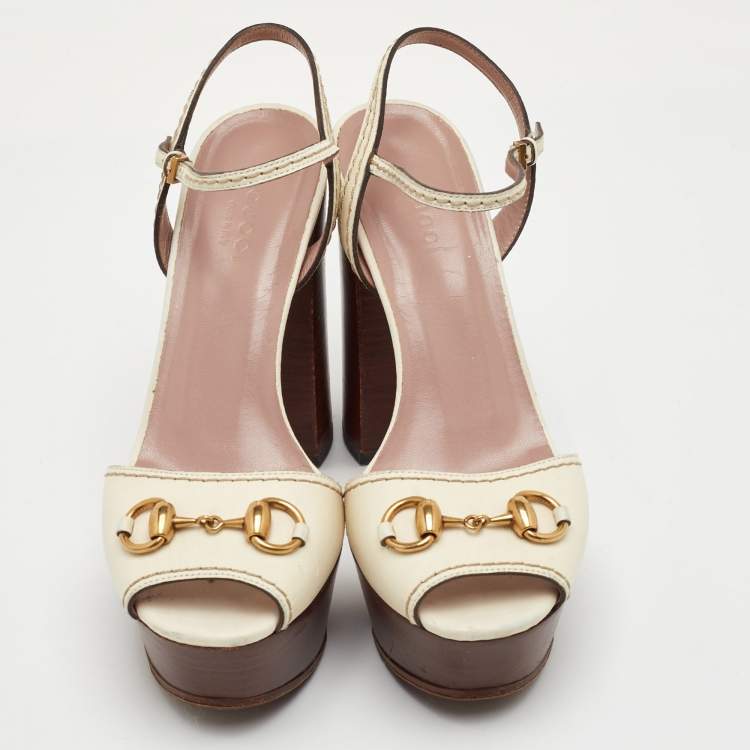 Pre Owned Gucci Horsebit Size 36 White Leather Ankle Strap Platform Sandals