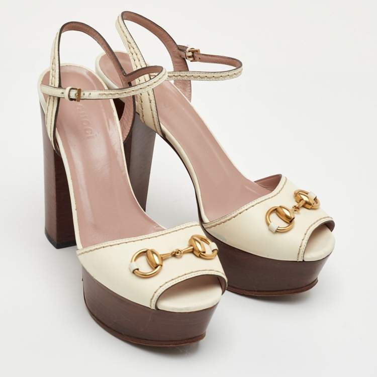 Pre Owned Gucci Horsebit Size 36 White Leather Ankle Strap Platform Sandals
