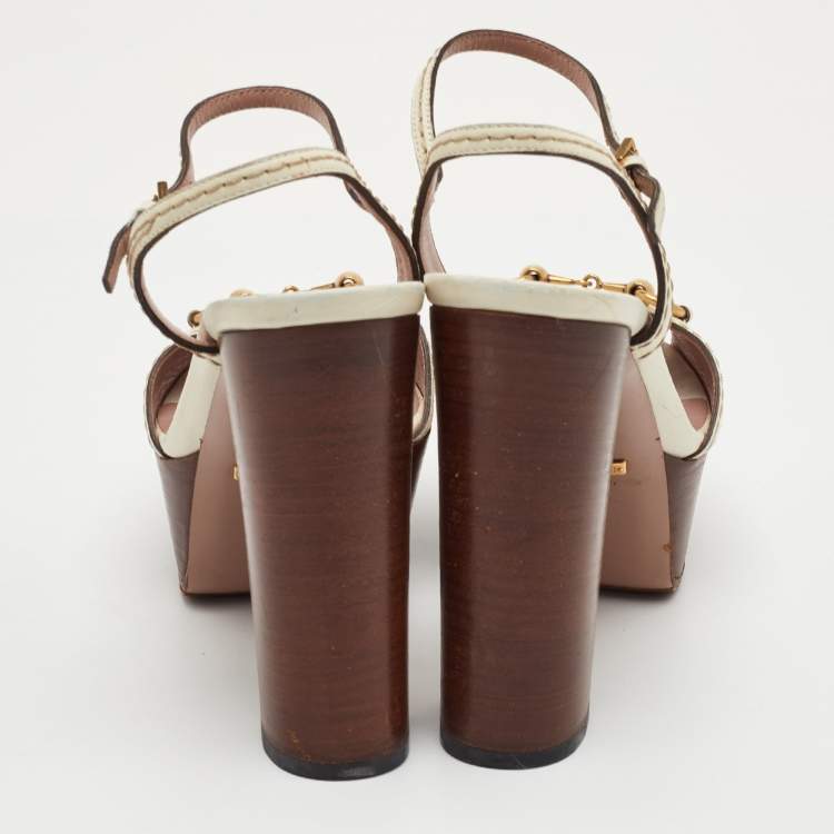 Pre Owned Gucci Horsebit Size 36 White Leather Ankle Strap Platform Sandals