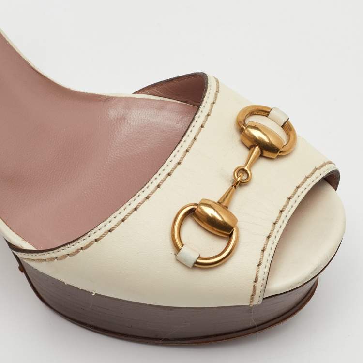 Pre Owned Gucci Horsebit Size 36 White Leather Ankle Strap Platform Sandals