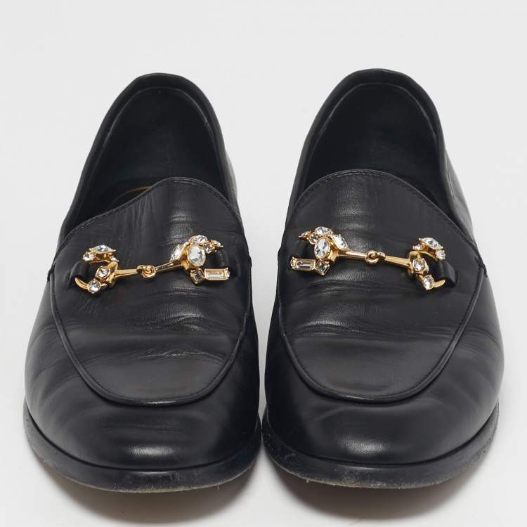 Pre Owned Gucci Jordaan Size 37.5 Black Leather Crystal Embellished Loafers