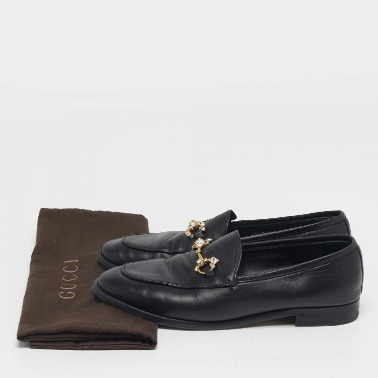 Pre Owned Gucci Jordaan Size 37.5 Black Leather Crystal Embellished Loafers