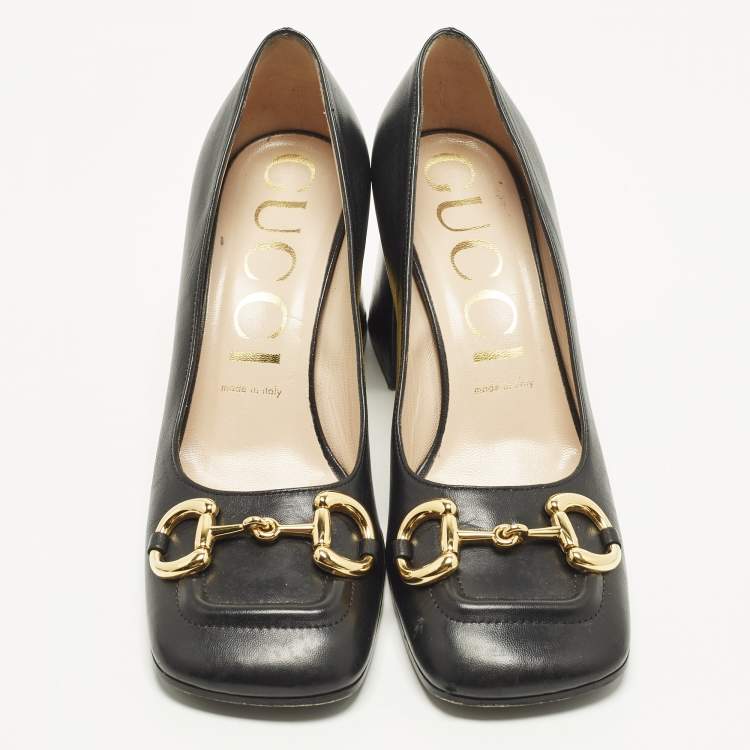 Pre Owned Gucci Horsebit Size 39.5 Black Leather Platform Pumps