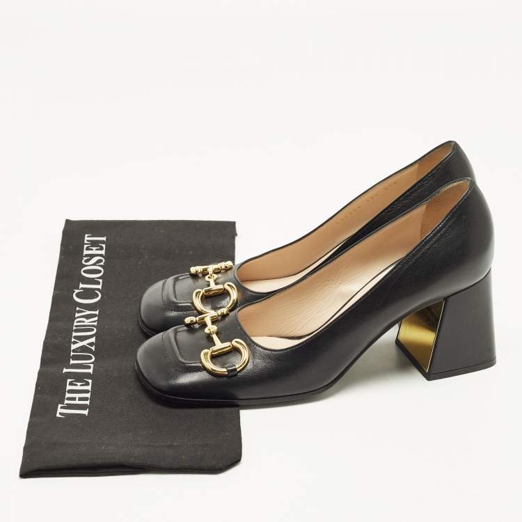 Pre Owned Gucci Horsebit Size 39.5 Black Leather Platform Pumps