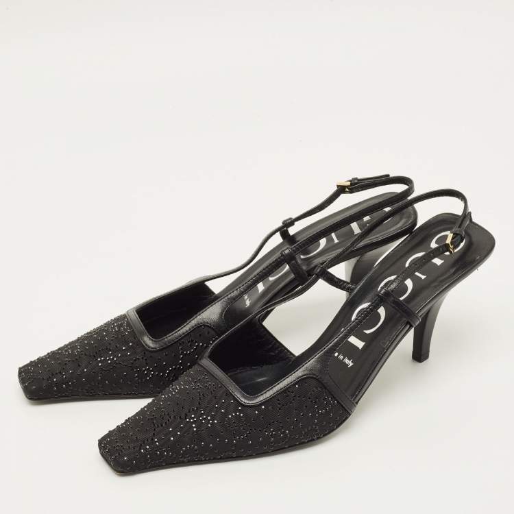 مملوكة مسبقًا Gucci Tom GG 75 Size 38.5 Black Fabric and Leather Slingback Pumps
