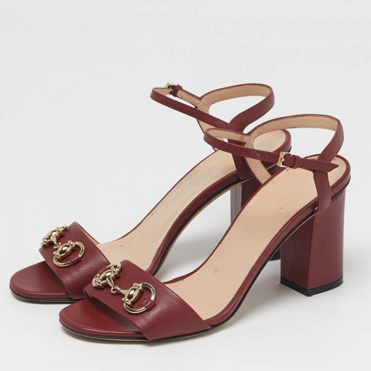 Pre Owned Gucci Horsebit Size 36.5 Red Leather Block Heel Ankle Strap Sandals
