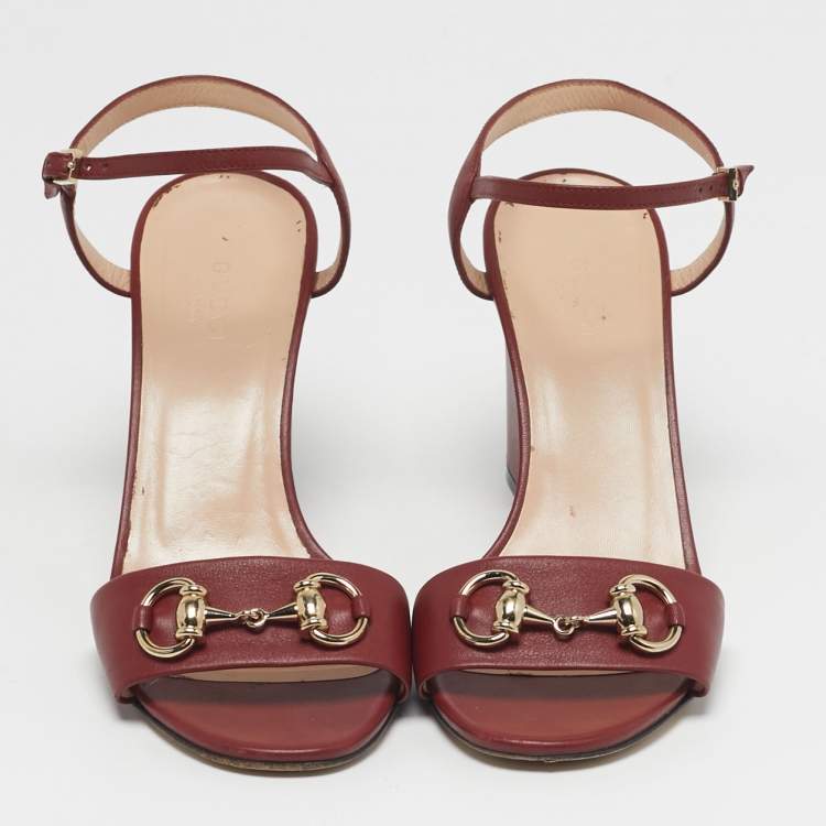 Pre Owned Gucci Horsebit Size 36.5 Red Leather Block Heel Ankle Strap Sandals