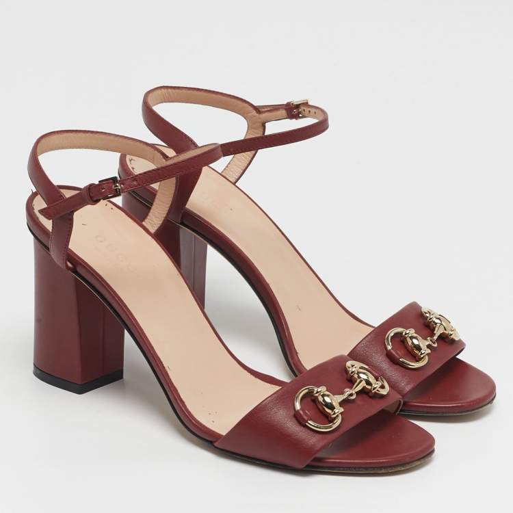 Pre Owned Gucci Horsebit Size 36.5 Red Leather Block Heel Ankle Strap Sandals