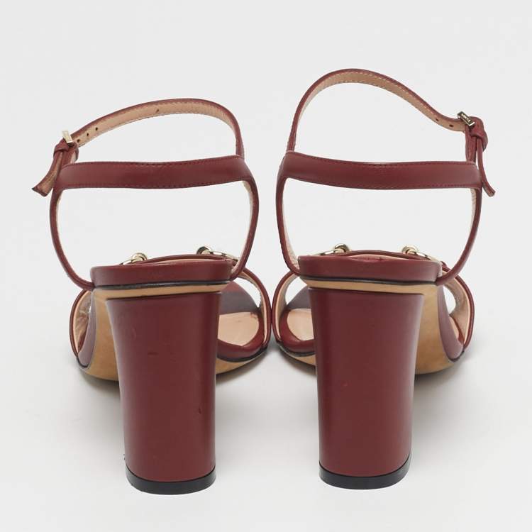 Pre Owned Gucci Horsebit Size 36.5 Red Leather Block Heel Ankle Strap Sandals