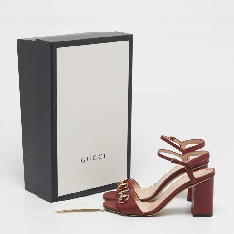 Pre Owned Gucci Horsebit Size 36.5 Red Leather Block Heel Ankle Strap Sandals