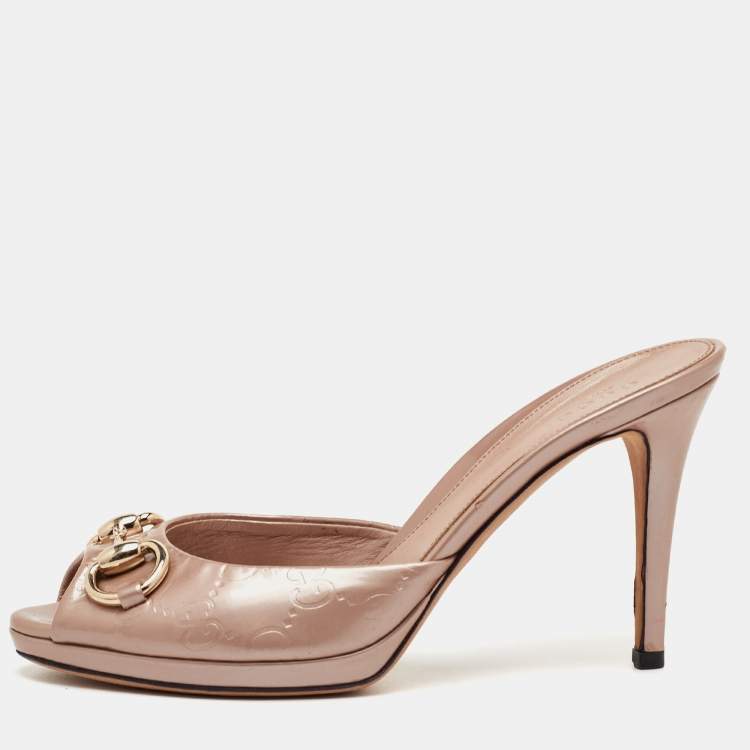 Pre Owned Gucci Horsebit Size 36.5 Beige Guccissima Patent Leather Slide Sandals