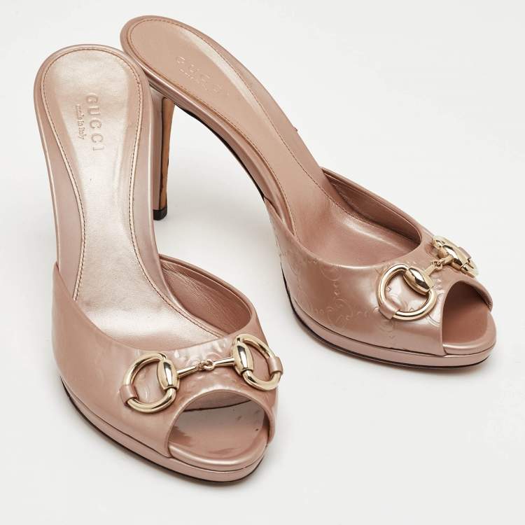 Pre Owned Gucci Horsebit Size 36.5 Beige Guccissima Patent Leather Slide Sandals