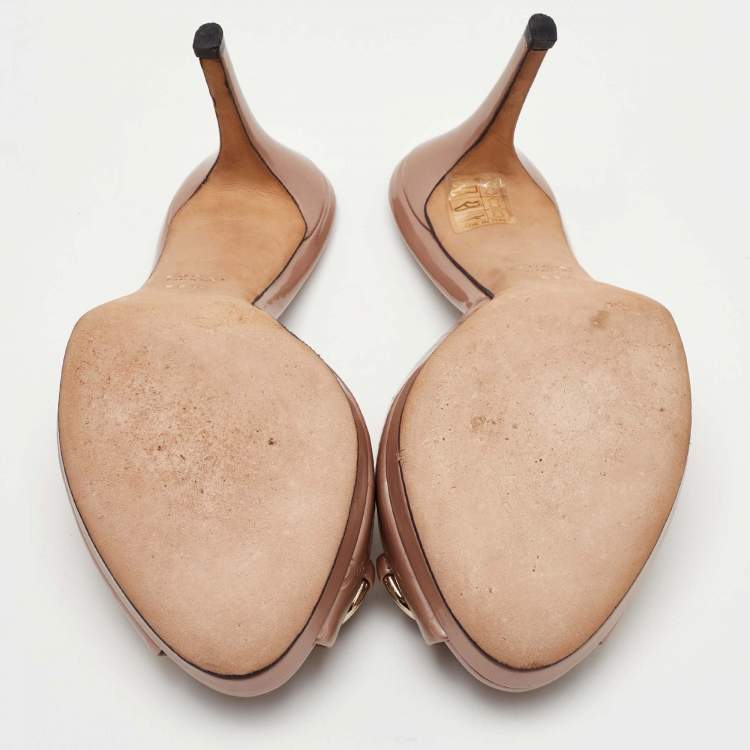 Pre Owned Gucci Horsebit Size 36.5 Beige Guccissima Patent Leather Slide Sandals