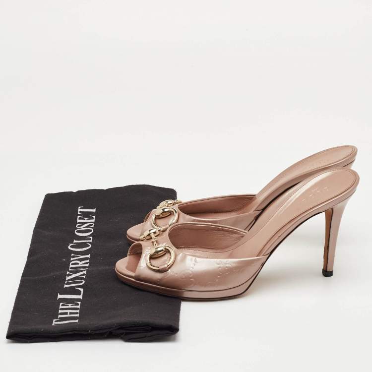 Pre Owned Gucci Horsebit Size 36.5 Beige Guccissima Patent Leather Slide Sandals