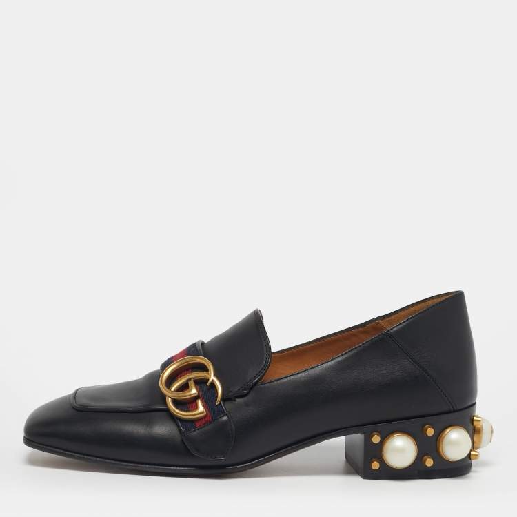 Pre Owned Gucci Double G Size 37 Black Leather Web Loafers