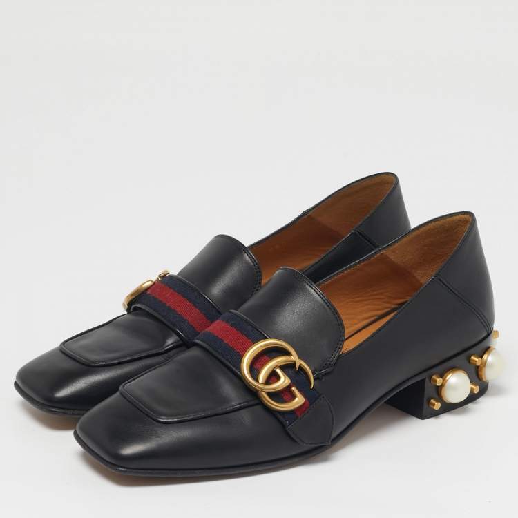 Pre Owned Gucci Double G Size 37 Black Leather Web Loafers