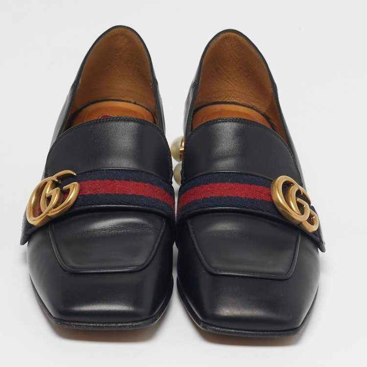 Pre Owned Gucci Double G Size 37 Black Leather Web Loafers
