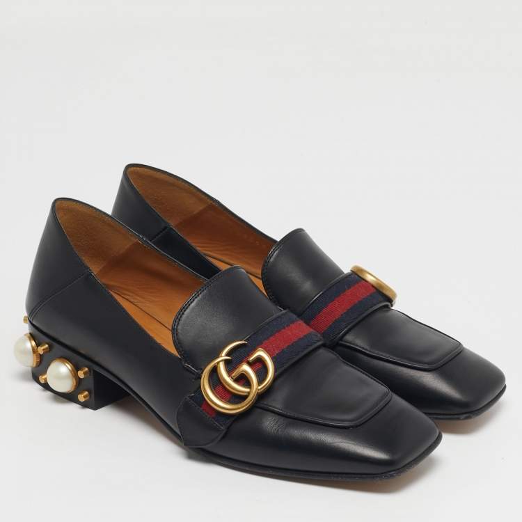 Pre Owned Gucci Double G Size 37 Black Leather Web Loafers