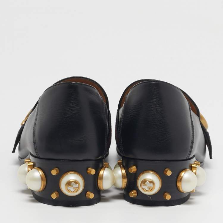 Pre Owned Gucci Double G Size 37 Black Leather Web Loafers
