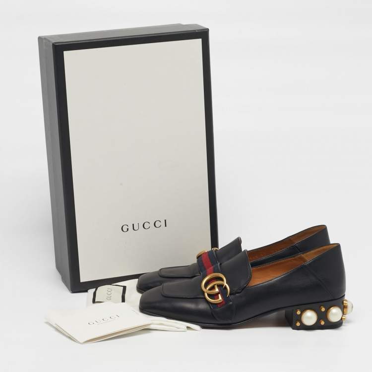 Pre Owned Gucci Double G Size 37 Black Leather Web Loafers