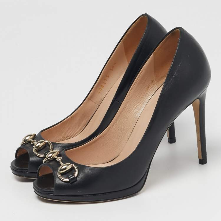 Pre Owned Gucci Size 35.5 Black Leather Horsebit Peep Toe Pumps 