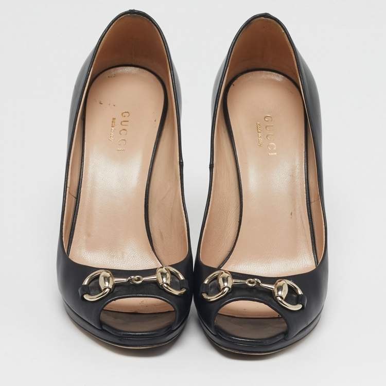 Pre Owned Gucci Size 35.5 Black Leather Horsebit Peep Toe Pumps 