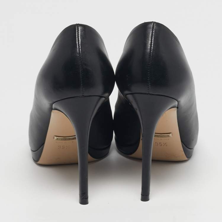 Pre Owned Gucci Size 35.5 Black Leather Horsebit Peep Toe Pumps 