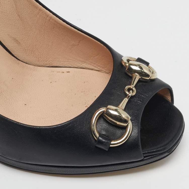 Pre Owned Gucci Size 35.5 Black Leather Horsebit Peep Toe Pumps 