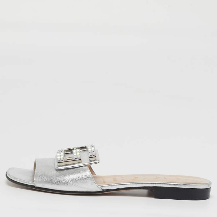Pre Owned Gucci Madelyn Size 35.5 Silver Leather Flat Slide