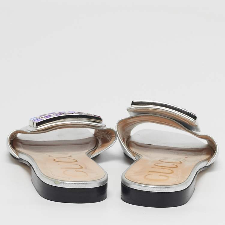 Pre Owned Gucci Madelyn Size 35.5 Silver Leather Flat Slide
