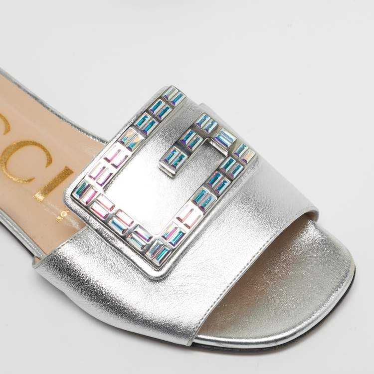 Pre Owned Gucci Madelyn Size 35.5 Silver Leather Flat Slide