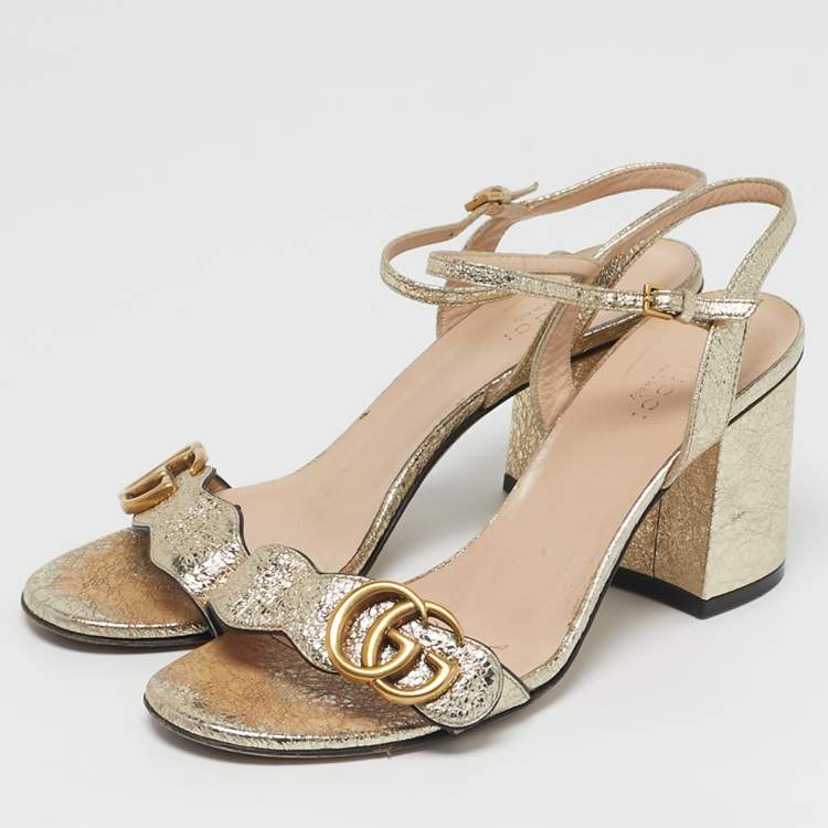 Pre Owned Gucci GG Marmont Size 37.5 Metallic Gold Foil Leather Ankle Strap Sandals