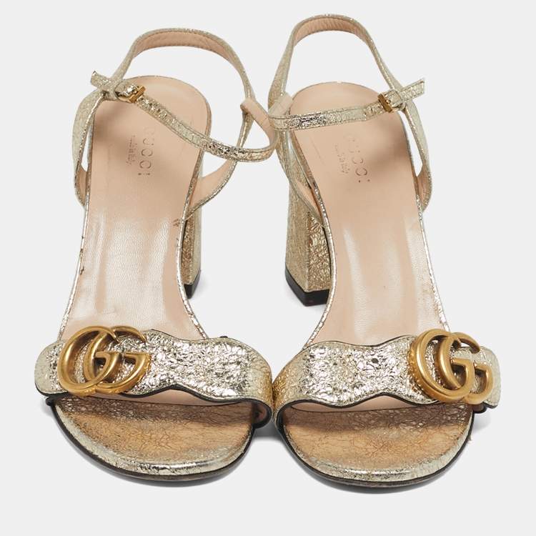 Pre Owned Gucci GG Marmont Size 37.5 Metallic Gold Foil Leather Ankle Strap Sandals