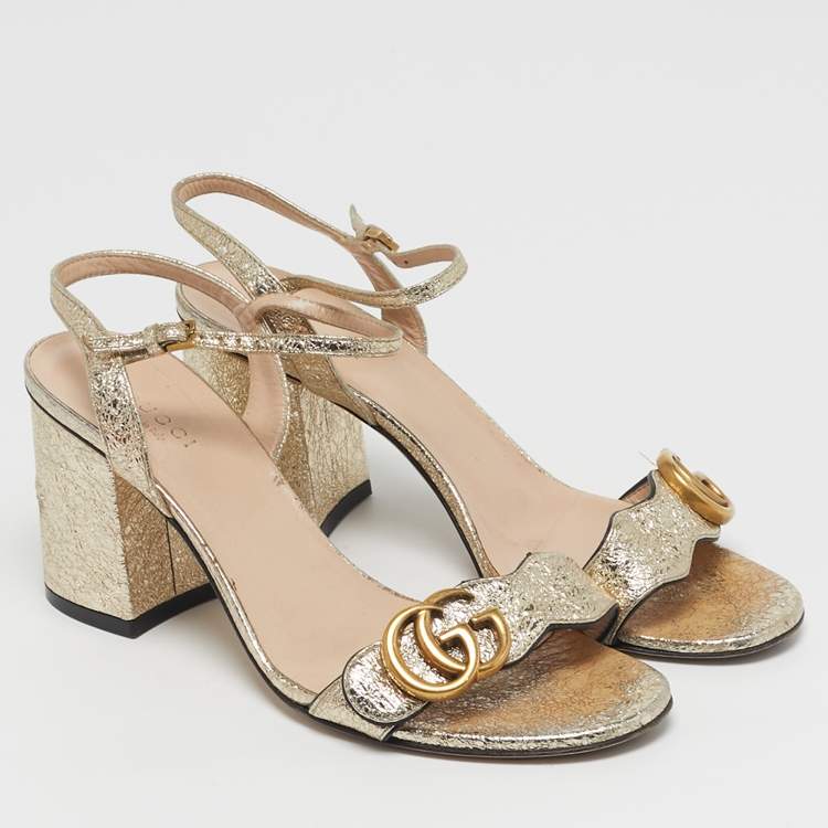 Pre Owned Gucci GG Marmont Size 37.5 Metallic Gold Foil Leather Ankle Strap Sandals