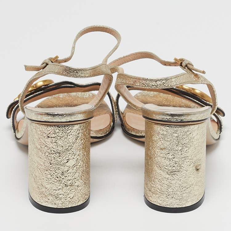 Pre Owned Gucci GG Marmont Size 37.5 Metallic Gold Foil Leather Ankle Strap Sandals