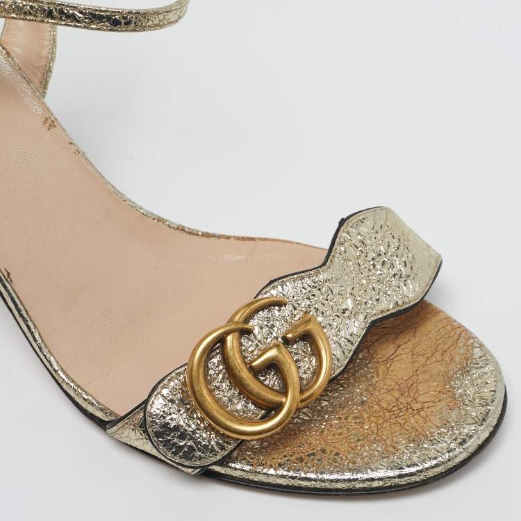 Pre Owned Gucci GG Marmont Size 37.5 Metallic Gold Foil Leather Ankle Strap Sandals