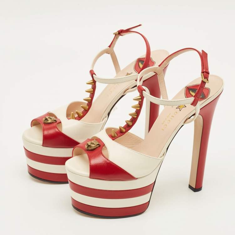 Pre Owned Gucci Size 39.5 Red Leather Ankle Strap Sandals