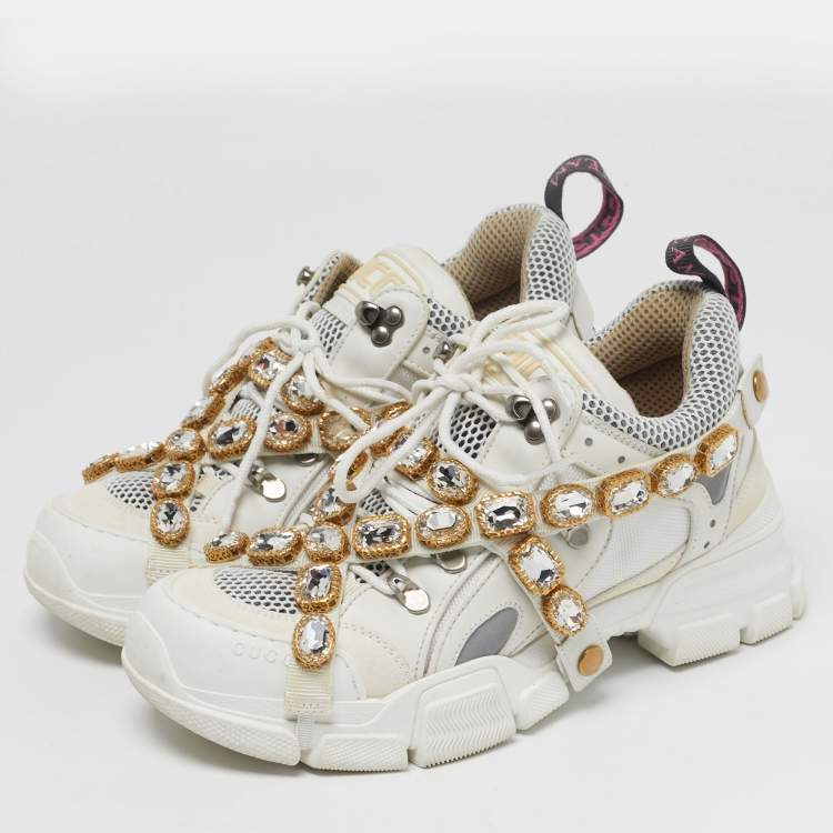 Pre Owned Gucci Flashtrek Size 39 White/Grey Leather and Suede Lace Up Sneakers