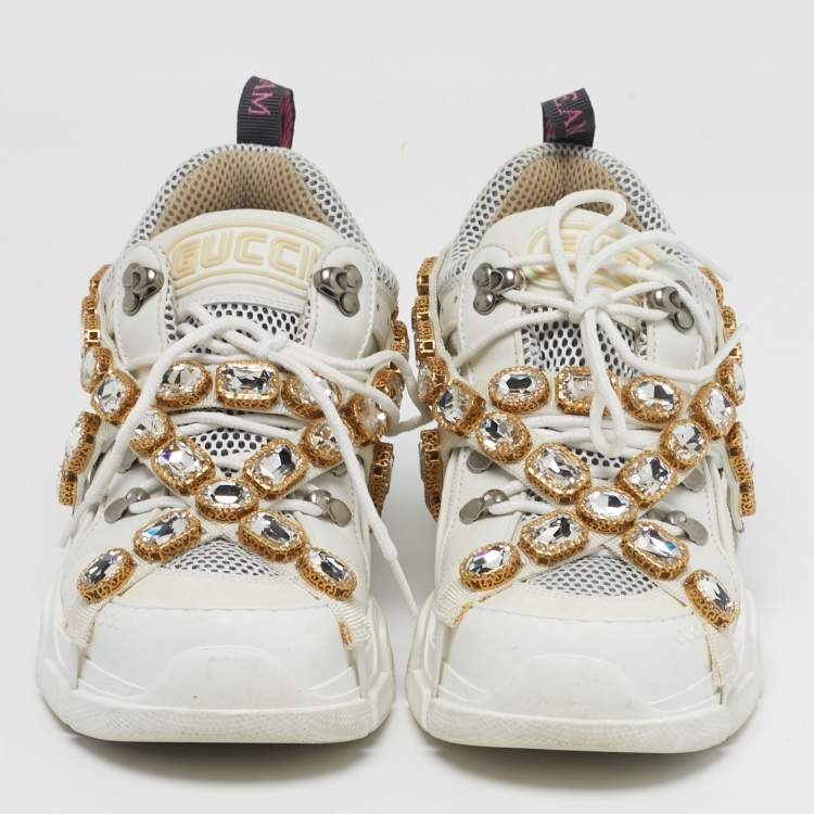 Pre Owned Gucci Flashtrek Size 39 White/Grey Leather and Suede Lace Up Sneakers