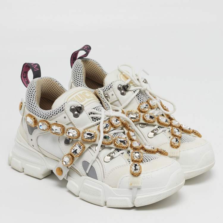 Pre Owned Gucci Flashtrek Size 39 White/Grey Leather and Suede Lace Up Sneakers