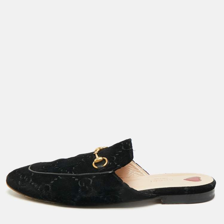 Pre Owned Gucci Princetown Size 41.5 Black GG Velvet Flat Mules