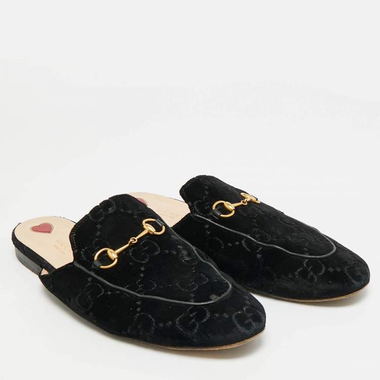 Pre Owned Gucci Princetown Size 41.5 Black GG Velvet Flat Mules