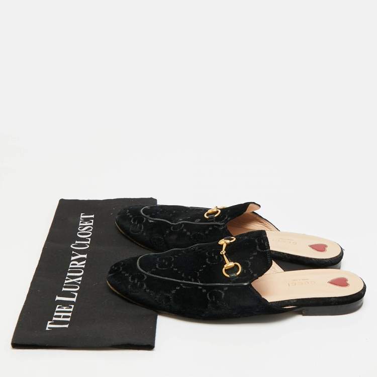 Pre Owned Gucci Princetown Size 41.5 Black GG Velvet Flat Mules