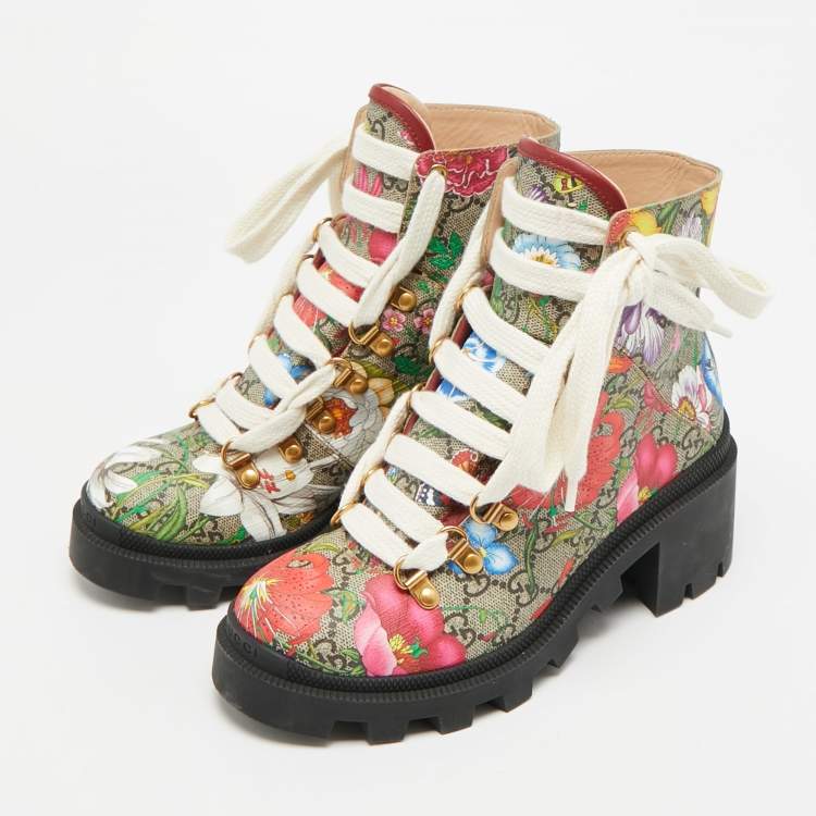 Pre Owned Gucci Size GG 35.5 Multicolor Floral Print Canvas Ankle Length Boots